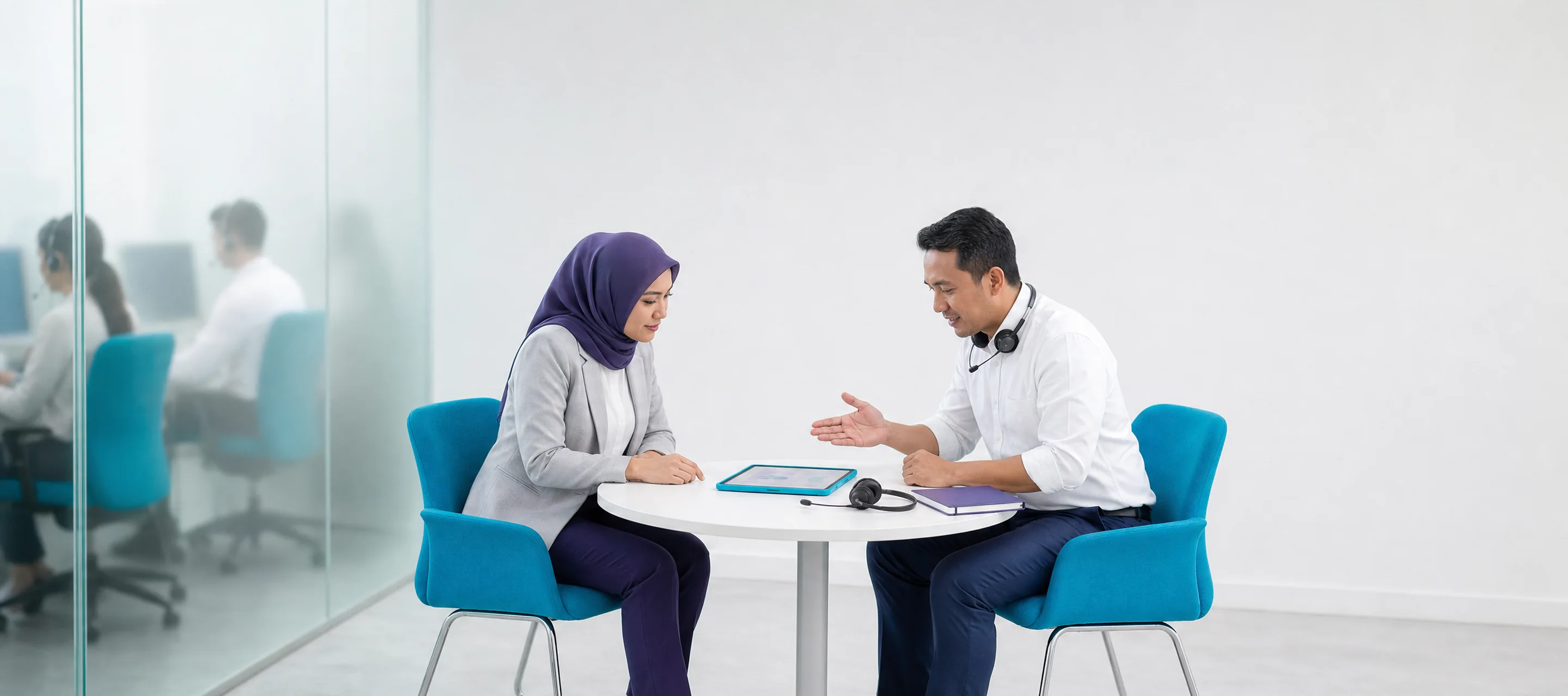 A marketing lead and a call-center team leader review lead outcomes on a tablet, with agents behind frosted glass