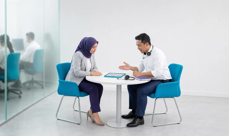 Kepala marketing dan kepala tim call center menelaah hasil lead di tablet, dengan agen call center di balik kaca buram