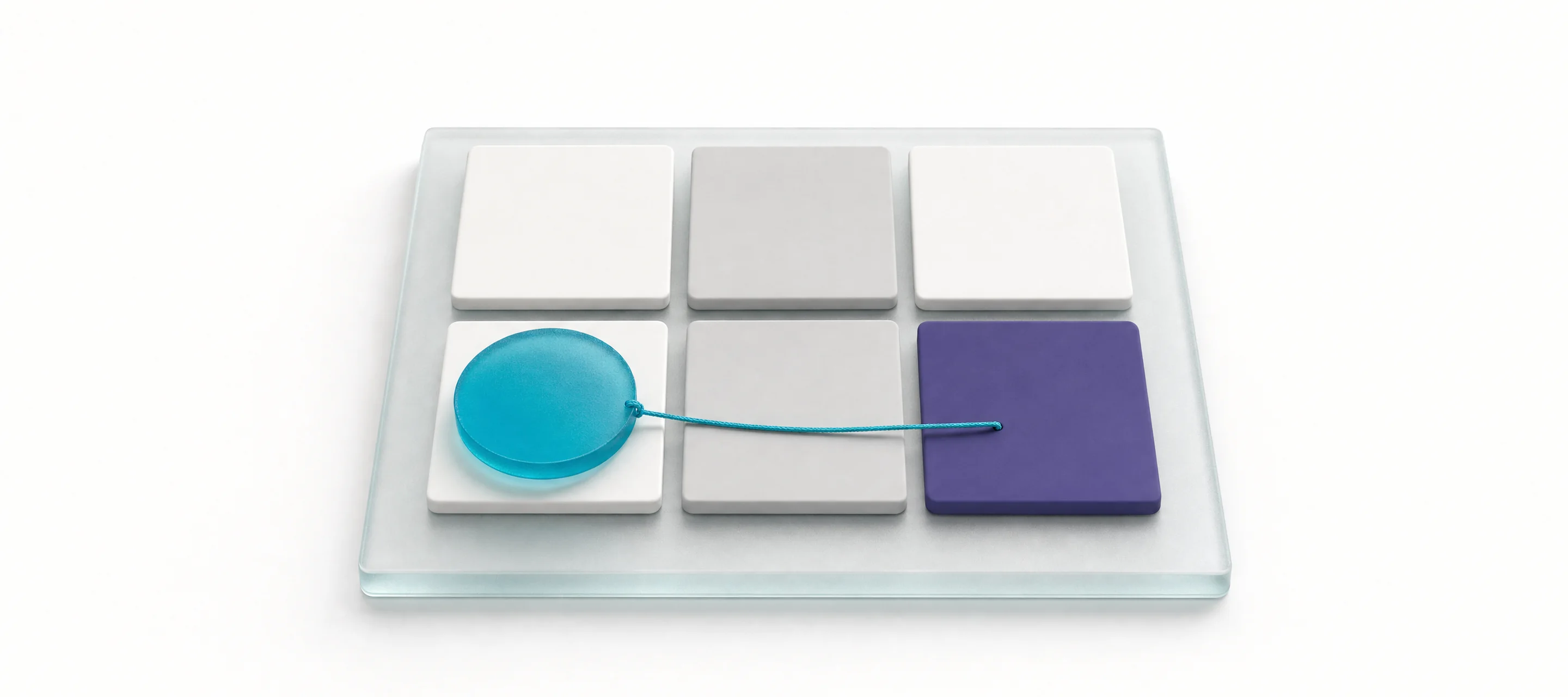 Frosted glass slab with six matte tiles, a teal lens and one purple tile, picturing a monthly Search Console check