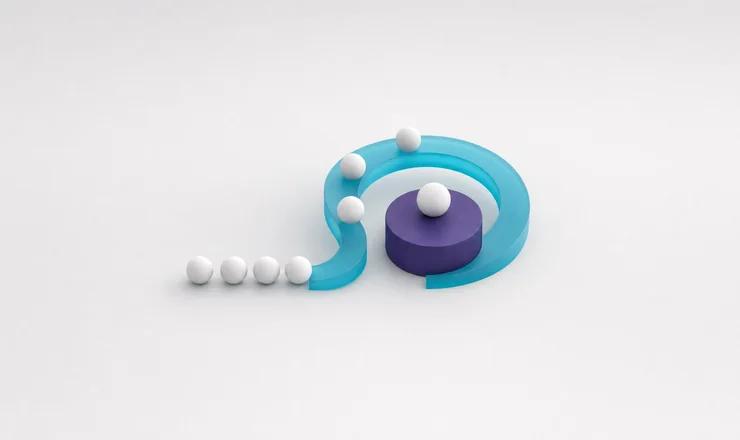 White spheres carried by a curved teal frosted-glass channel toward a purple pedestal, picturing lapsed customers returning