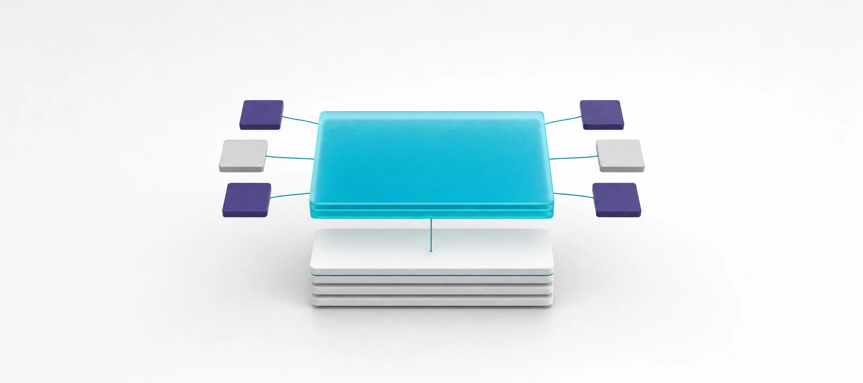 Frosted-glass AI answer panel above a stack of search results, fed by six source cards, with one thread to the top result