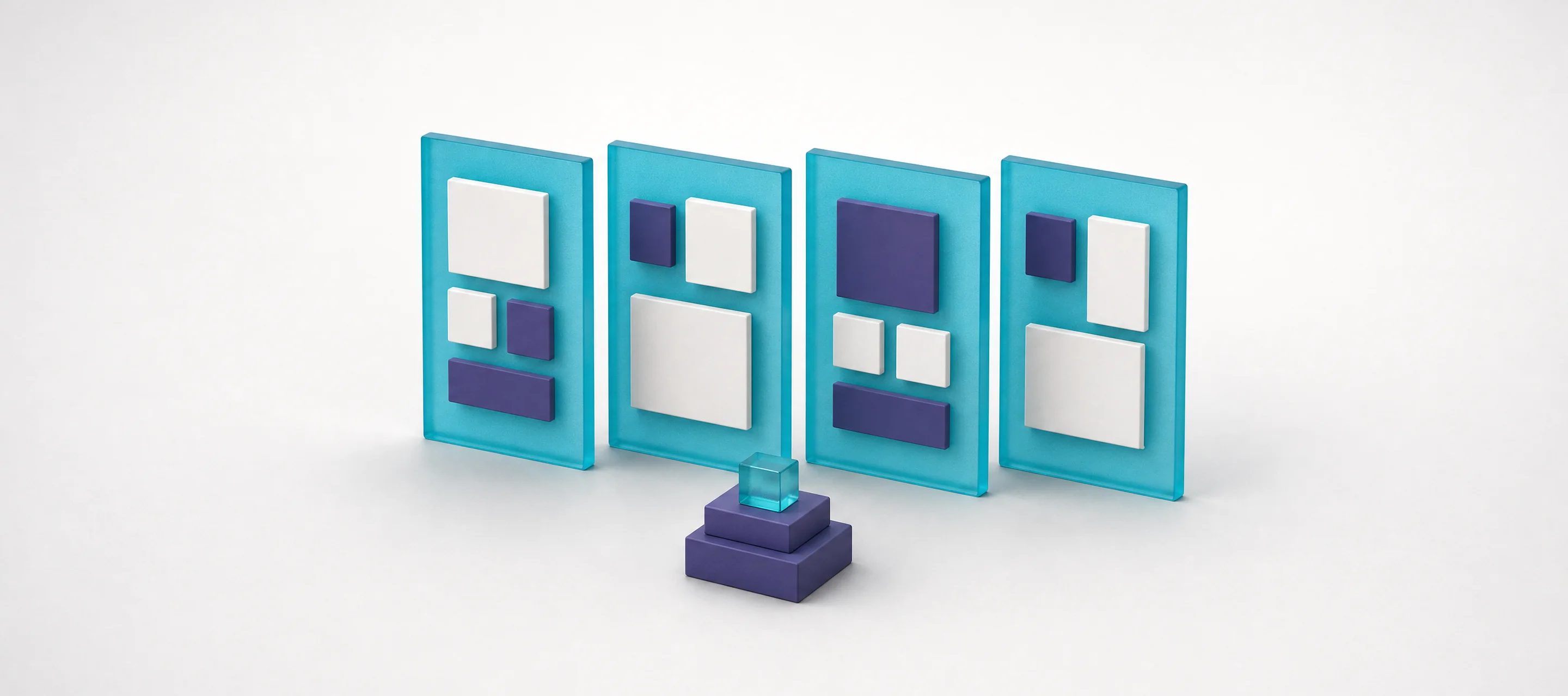 Four frosted-glass panels with blank matte tiles in a row, and a stepped purple ceramic stack in front, for a four-page board report