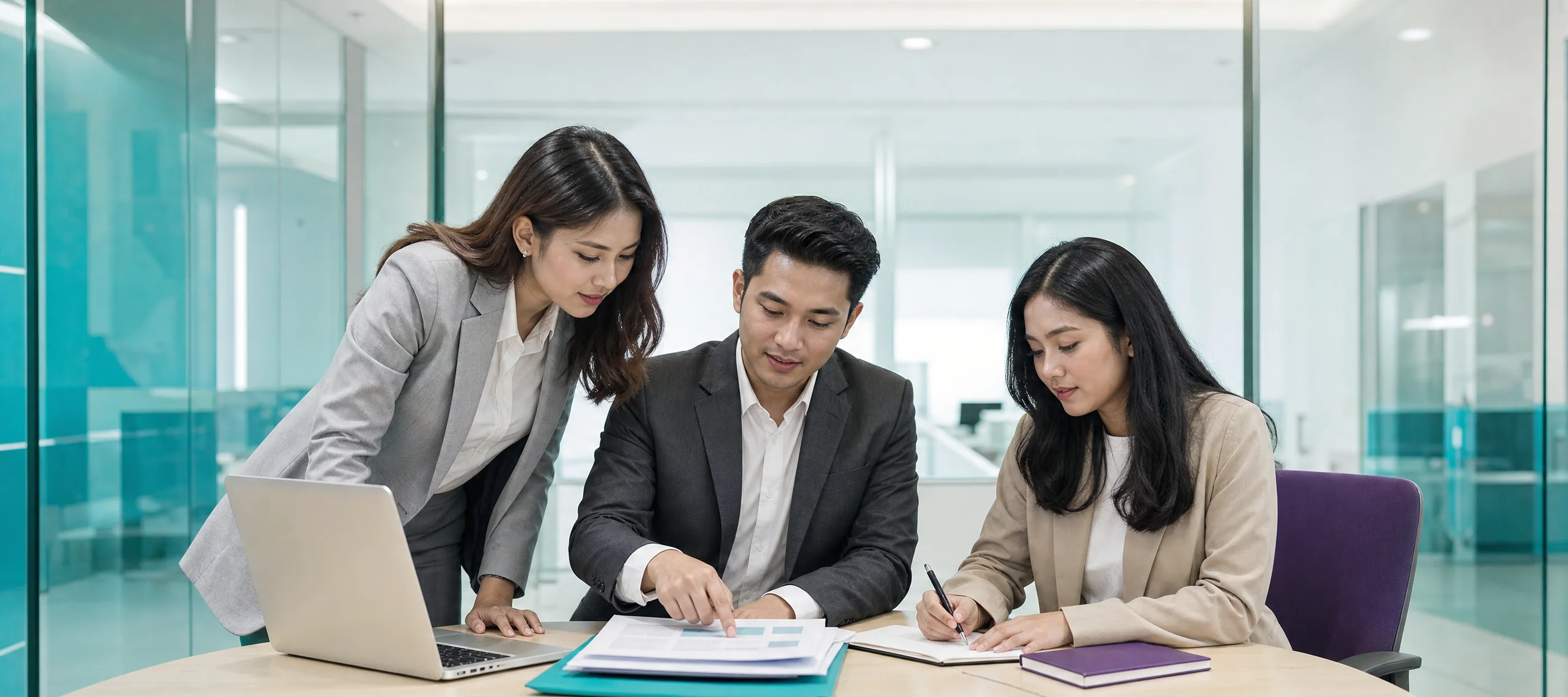 Three compliance and marketing professionals reviewing documents together in a glass meeting room at a bank office