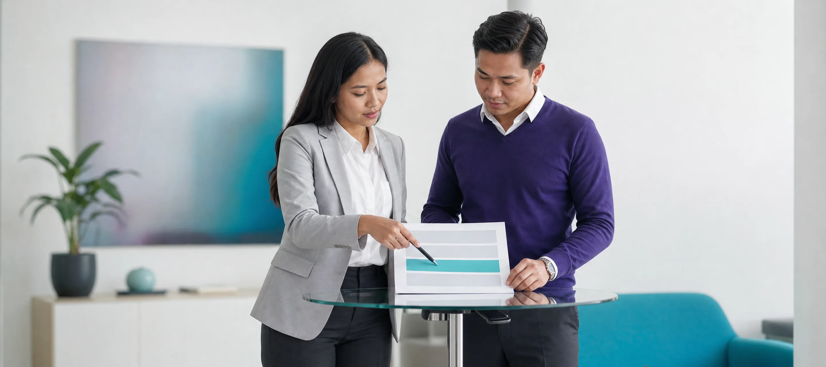 Dua profesional meninjau kerangka halaman landing page berisi blok kosong, satu blok berwarna teal, di meja kaca