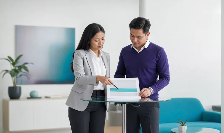 Dua profesional meninjau kerangka halaman landing page berisi blok kosong, satu blok berwarna teal, di meja kaca